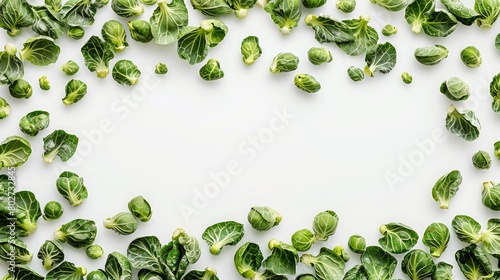 Border of artificial Brussels Sprouts on white background with empty space, top view © trimiati