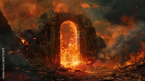 Eerie archery portal door leading to a hellish scene  where the landscape is ablaze with fire  covered in darkness  and the air burns with heat