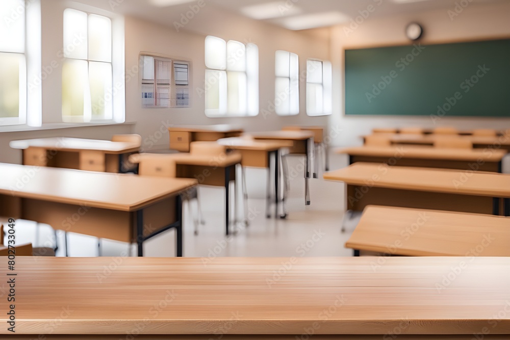 empty wooden desk in classroom