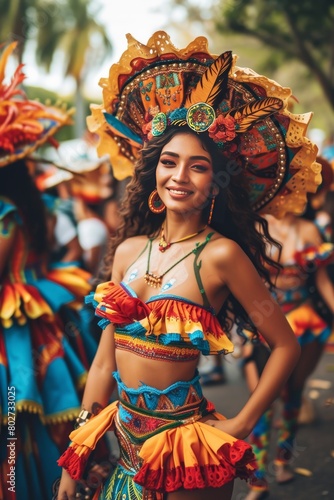 Smiling young woman adorned with a vibrant feathered headpiece participates in a festive parade, embodying cultural joy.