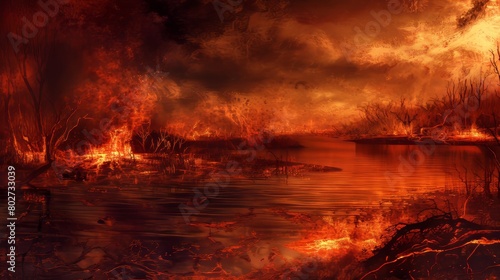 Eerie entrance to hell depicted in a landscape with a reflective lake, showcasing the devil among burning fields, all under a dark, oppressive sky