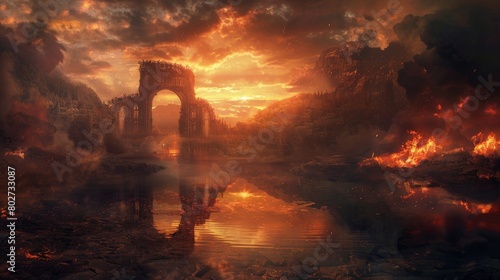 Eerie landscape depicting the gates of hell with a reflective lake, fiery skies, and smoldering grounds, creating a foreboding yet captivating scene