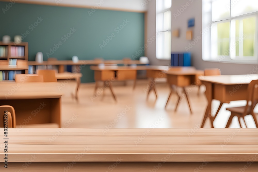 empty wooden desk in classroom