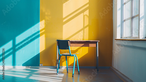 Modern school desk near color wall