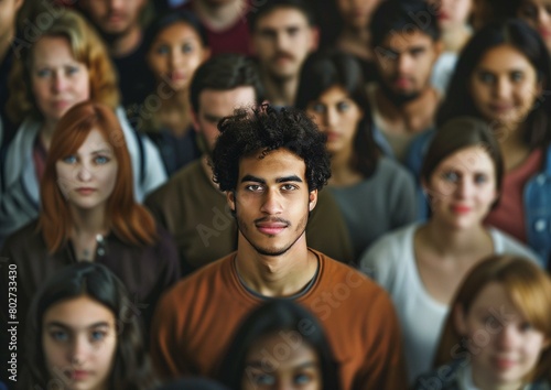 Diverse Group of People Focused on Young Man Standing Out in a Crowd
