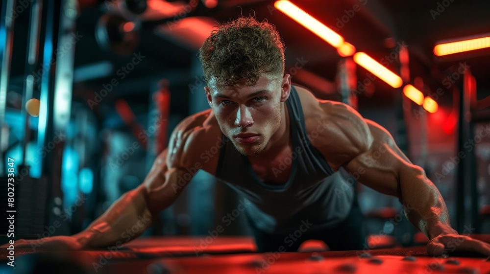 Focused athlete performing push-ups in a gym with vibrant lighting, illustrating dedication to physical fitness and muscle building. Focused athlete performing push-ups in a gym with vibrant lighting, illustrating dedication to physical fitness and muscle building.