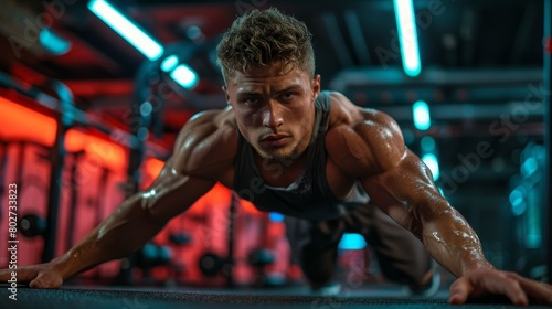 Focused athlete performing push-ups in a gym with vibrant lighting  illustrating dedication to physical fitness and muscle building.