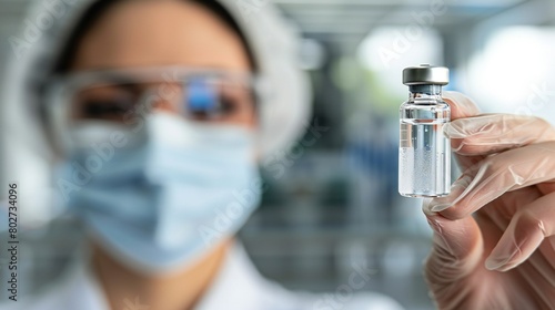 Professionals in medical uniforms, with faces covered, studying a vial containing a hazardous pathogen.