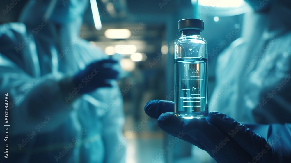 Surgical-masked healthcare workers cautiously observing a vial containing a potentially lethal virus. Surgical-masked healthcare workers cautiously observing a vial containing a potentially lethal virus.