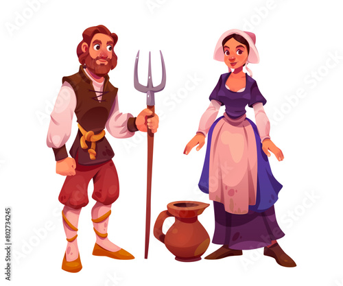 Medieval people character man and woman vector set. Middle age fairytale costume for girl and male peasant. Ancient european human dress collection. Happy historical young farmer isolated icon photo