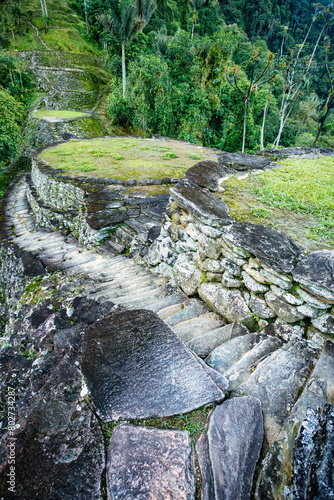 Hidden ancient ruins of Tayrona civilization Ciudad Perdida in the heart of the Colombian jungle Lost city of Teyuna. Santa Marta, Sierra Nevada mountains, Colombia wilderness photo