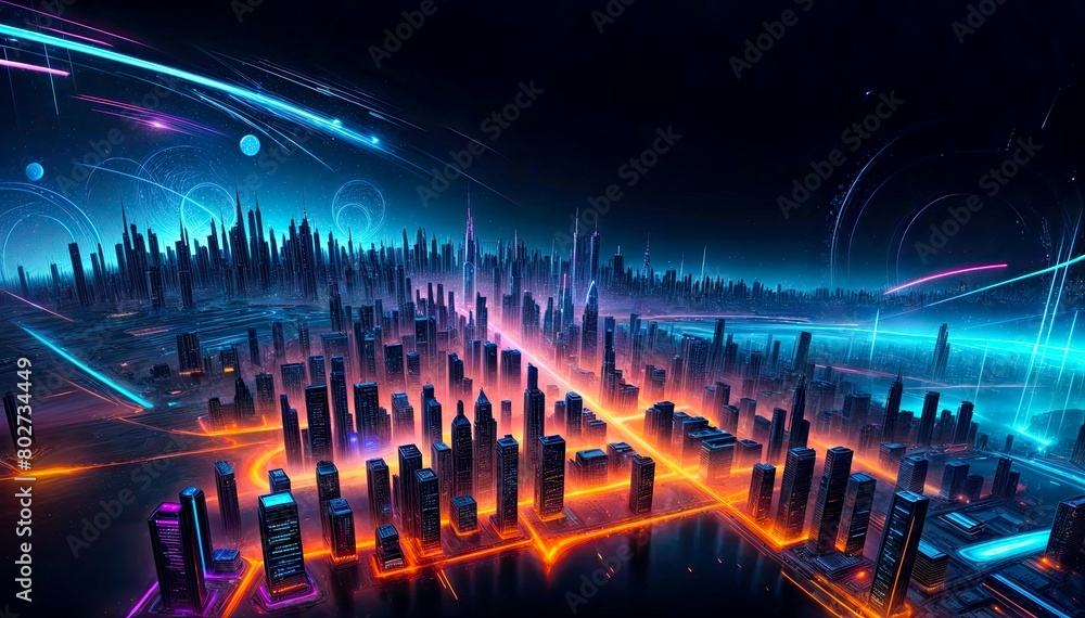 Glowing neon cityscape against dark, abstract background