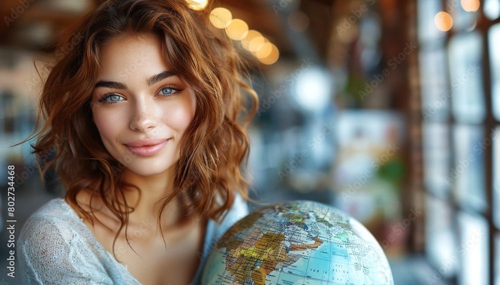 Fototapeta premium brown-haired girl holding globe