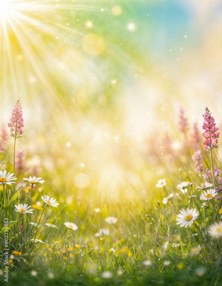 Fototapeta premium Soft focus image of a meadow of wildflowers and grass with a sunburst and bokeh. Blurry spring flower background, wallpaper, backdrop, banner.