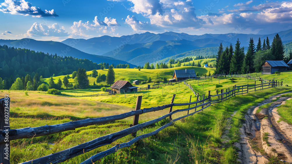 Mountain landscape with wooden fence and village 
