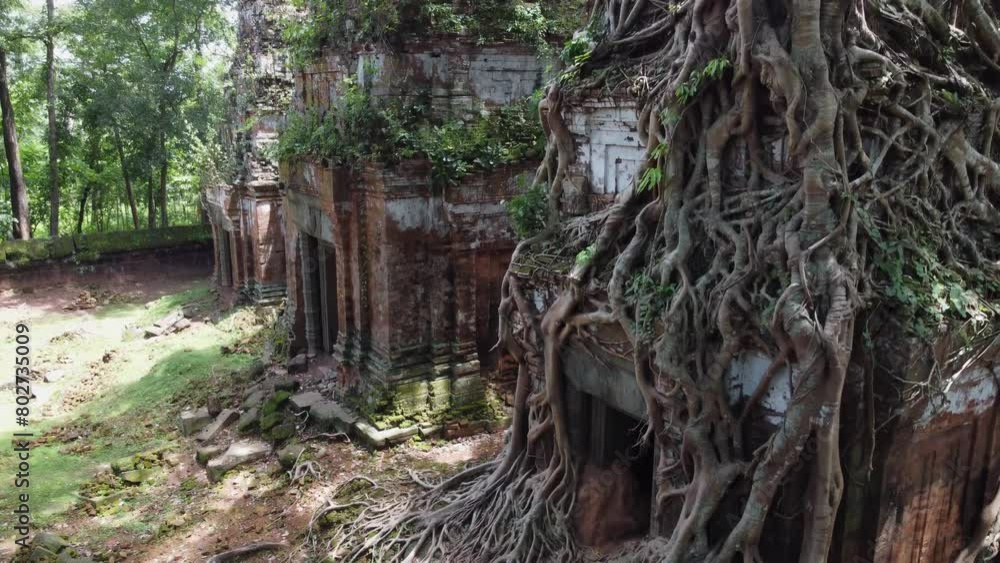 Stone towers at ancient Koh Ker temple, Cambodia overgrown with trees Stone towers at ancient Koh Ker temple, Cambodia overgrown with trees