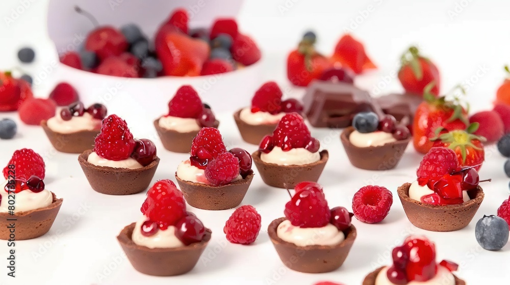 A table topped with mini cupcakes covered in frosting and topped with raspberries and blueberries A table topped with mini cupcakes covered in frosting and topped with raspberries and blueberries