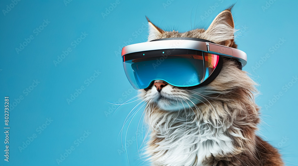 cat with apple vision pro virtual reality sunglass solid background