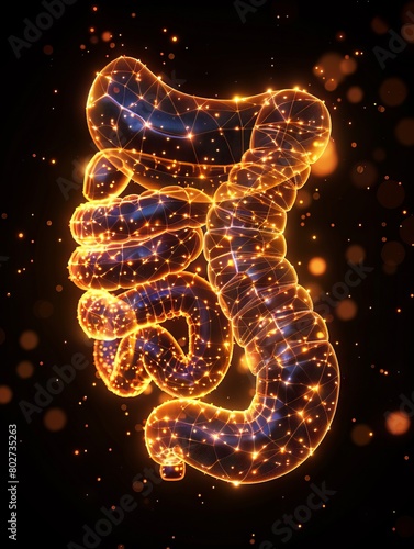 A striking visualization of human intestines depicted with a glowing digital mesh, surrounded by floating particles, in vivid orange tones. photo