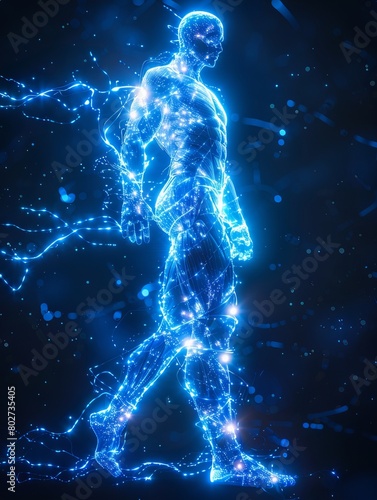 Blue transparent man walking.