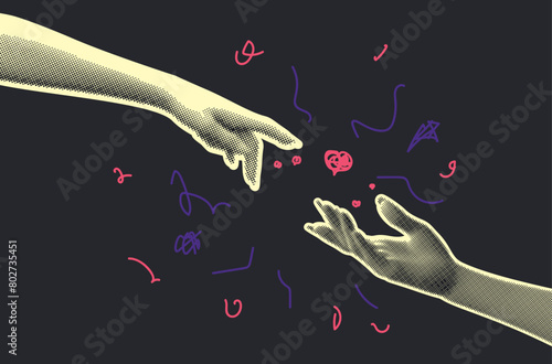 Two halftone hands and heart. Collage with two halftone female hands and doodle hand drawn elements.