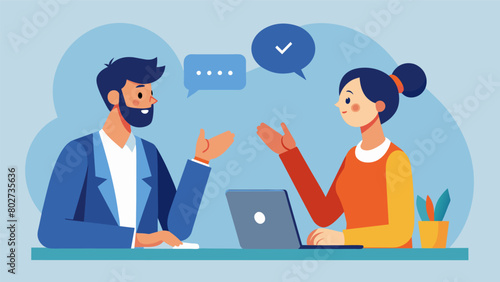 Two colleagues in a meeting taking turns speaking and actively acknowledging each others points before offering their own thoughts..