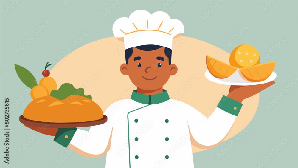A chef proudly displaying a plate of homemade cornbread collard greens and barbecue chicken exuding the pride and joy of Juneteenth cooking.. Vector illustration A chef proudly displaying a plate of homemade cornbread collard greens and barbecue chicken exuding the pride and joy of Juneteenth cooking.. Vector illustration