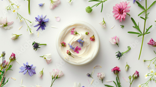 Natural cream with flowers on white background