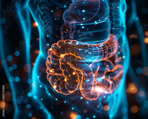 The image shows a glowing blue and orange intestine. The intestine is the longest organ in the human body and is responsible for absorbing nutrients from food and water.