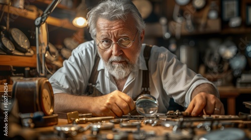 The picture of the adult professional watchmaker working inside workshop that has been filled with various kind of clock and watch  watchmaker need to use concentration and accuracy fix clock. AIG43.
