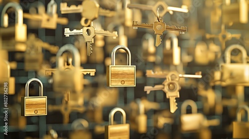 An array of digital padlocks and keys floating above a network grid, symbolizing access control and authentication in network security. 32k, full ultra hd, high resolution photo