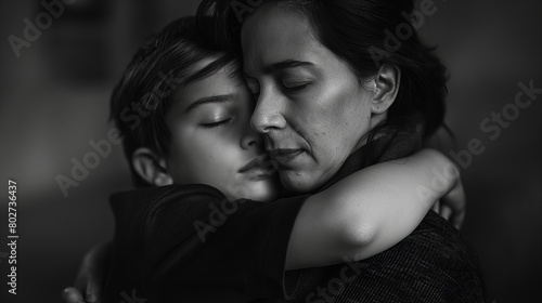 Intimate black and white photograph of a mother holding her young son close in an emotional hug photo