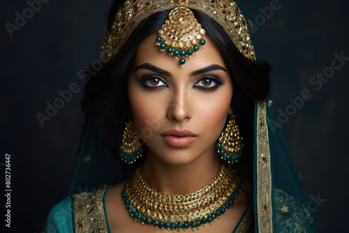 Portrait of beautiful indian girl in traditional Indian costume with kundan jewelry photo