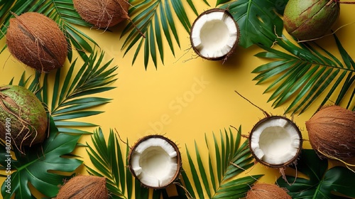 Border of Coconuts and palm leaves on a light pastel yellow background with copy space, in a top view, with place for text. Summer tropical travel banner.