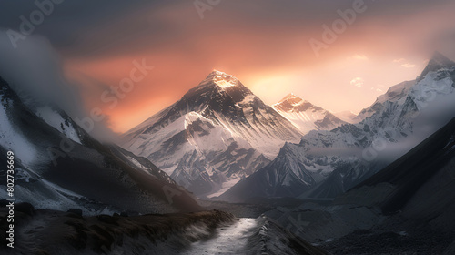 Sunset over snow-capped mountain peaks, Dramatic evening light bathes imposing mountains with a golden glow as shadows creep along the valley