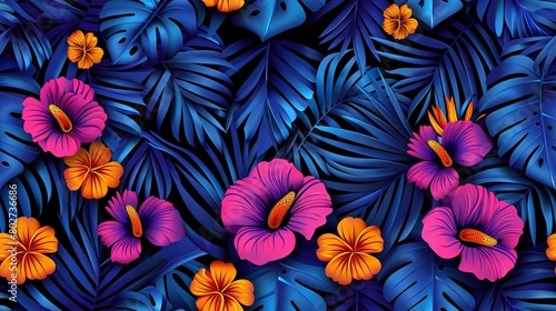   A vibrant array of purple and orange blossoms set against a backdrop of blue and pink foliage  with orange and pink petals adorning a blue-leafed