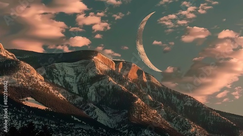   A mountain half-moon view in the sky photo