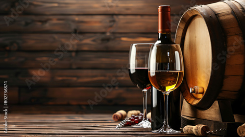 Oak barrel with bottle and glasses of wine on dark wood