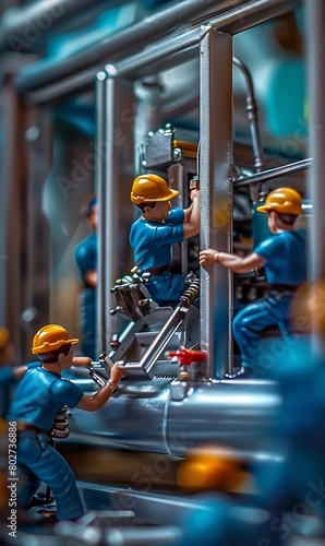 Engaging macro photography scene featuring tiny workers in blue tees transforming silver metal windows : Generative AI