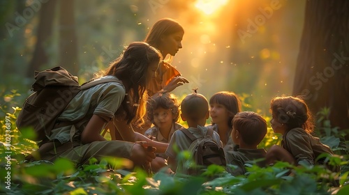 group of young students outdoors, learning about nature. Kids observing insects, a teacher pointing at a tree, lush green forest background : Generative AI © The Little Hut