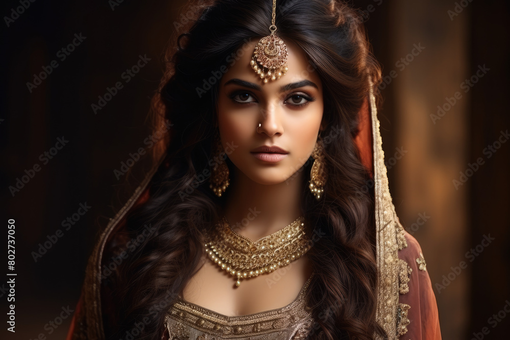 Portrait of beautiful indian girl in traditional Indian costume with kundan jewelry