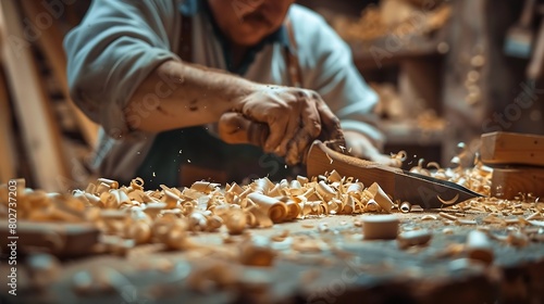 a person over his shoulder holding a tool in his hand and working on a piece of wood : Generative AI