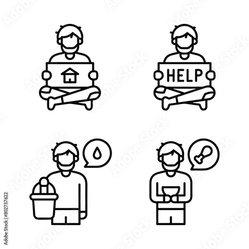 homeless outline icon set includes thin line donation, bunk bed, leftover, bridge, mittens, alcohol, food stall icons for report, presentation, diagram, web design
