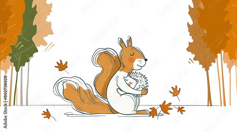 Fototapeta premium A picture of a squirrel carrying a hedgehog amidst an autumnal forest setting, with trees surrounding the scene