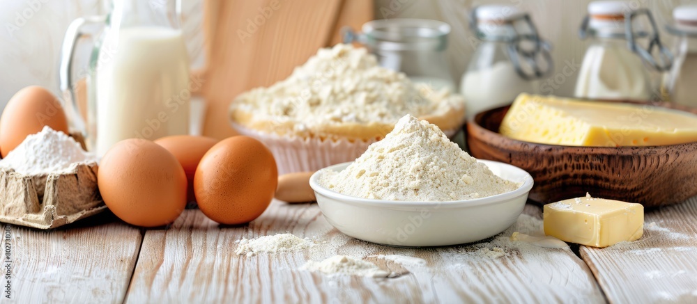 Cake baking in a traditional kitchen - ingredients for dough recipe (eggs, flour, milk, butter, sugar) displayed on a white wooden table. Background provides space for adding text. Cake baking in a traditional kitchen - ingredients for dough recipe (eggs, flour, milk, butter, sugar) displayed on a white wooden table. Background provides space for adding text.