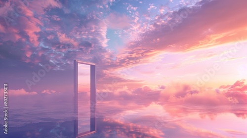 Ethereal door to a peaceful landscape, clouds and reflective lake under a soothing pastel pink and purple sky