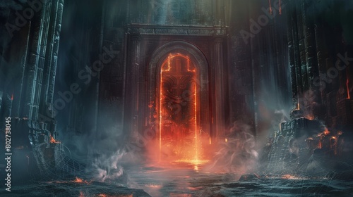 Ethereal gates of heaven and hell set in a dark, open space, with shrouded mist, cobwebs, and flames highlighting a red glowing door
