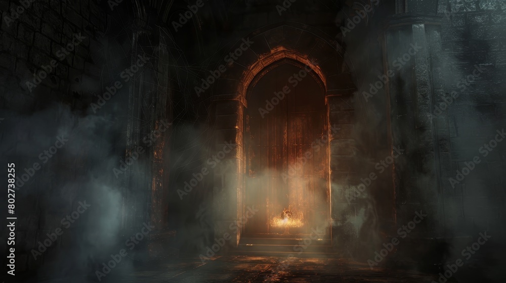 Foreboding entrance to a dungeon, shrouded in darkness and thick smoke, cobwebs and mist present, with a dimly burning flame fire suggesting danger beyond Foreboding entrance to a dungeon, shrouded in darkness and thick smoke, cobwebs and mist present, with a dimly burning flame fire suggesting danger beyond