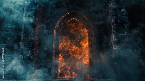 Foreboding entrance to a dungeon, shrouded in darkness and thick smoke, cobwebs and mist present, with a dimly burning flame fire suggesting danger beyond