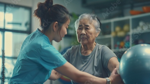 A young physical therapist guides an elderly Asian woman through exercises designed to enhance leg strength and reduce pain.